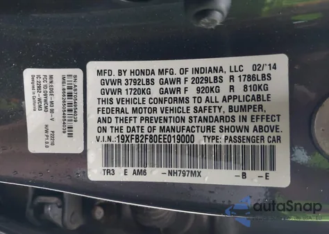 2014 Honda Civic Ex z USA, uszkodzony, nr VIN 19XFB2F80EE019000